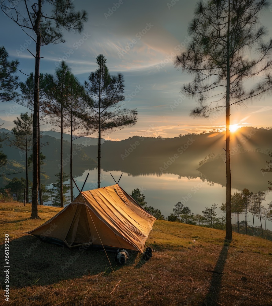 A tent is set up on a hill overlooking a tranquil lake in the distance, under a clear blue sky