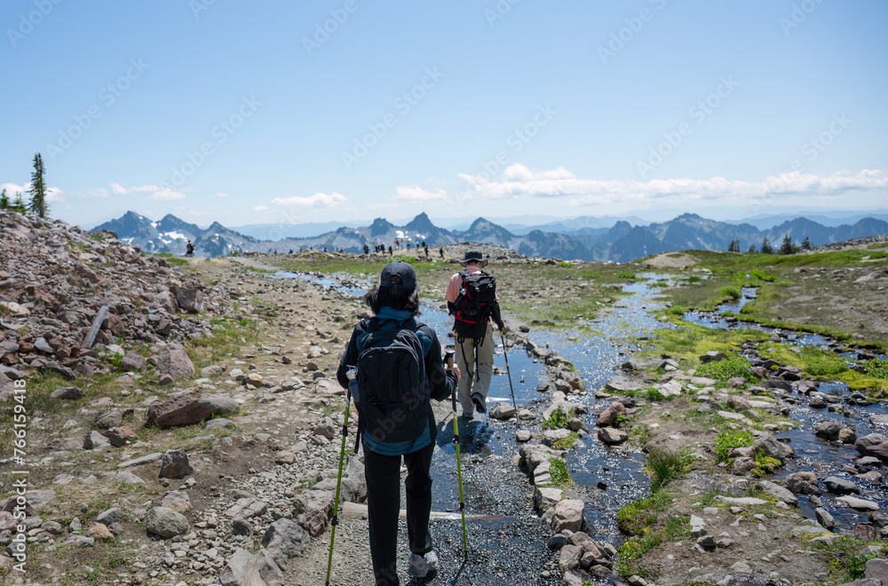 Couple crossing the stream at Skyline Loop Trail in summer. Unrecognizable crowd of people on the trail. Mt Rainier National Park. Washington State.