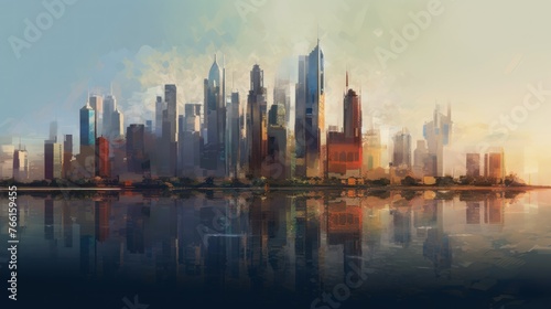abstract vintage cityscape sunset on oil paint filter © Zie