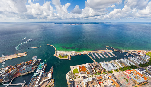 Helsingborg, Sweden. Panorama of the city in summer with port infrastructure. Oresund Strait. Aerial view photo