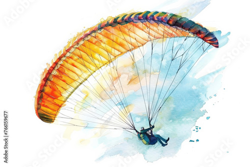 Colorful watercolor illustration of a paraglider in mid-flight against a serene blue sky background with ample space for text, perfect for extreme sports or adventure-themed designs