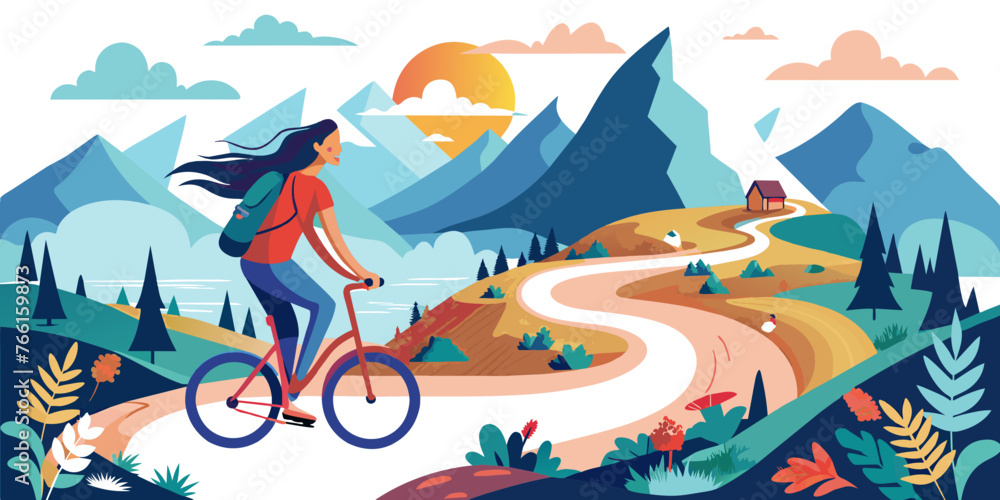 Mountain Adventure: Young Girl Cycling Through Breathtaking Landscapes