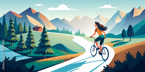 Mountain Adventure: Young Girl Cycling Through Breathtaking Landscapes