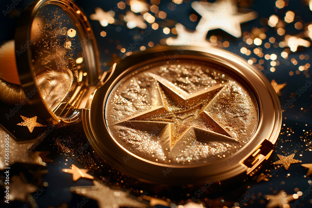 A gold compact powder with a mirror and a puff. The powder has a star-shaped imprint on it. The compact is on a black background with gold glitter and stars. - obrazy, fototapety, plakaty 