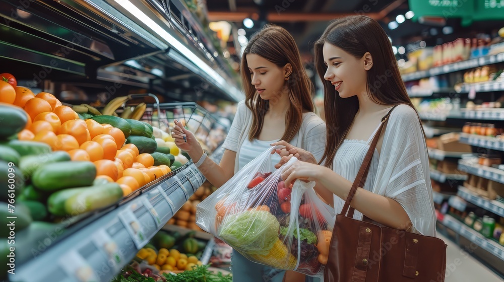 Two young women shopping in a grocery store