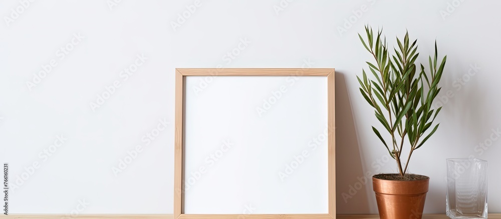 An empty picture frame is placed next to a green plant in a pot on a rustic wooden table An empty picture frame is placed next to a green plant in a pot on a rustic wooden table