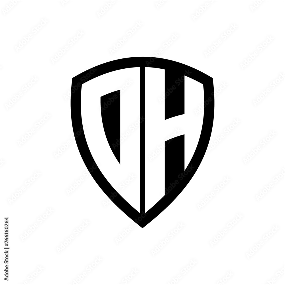 DH monogram logo with bold letters shield shape with black and white color design DH monogram logo with bold letters shield shape with black and white color design
