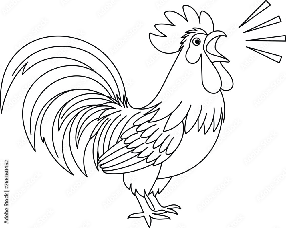 Cute kawaii a rooster is crowing cartoon character coloring page vector illustration