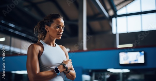 young woman consulting her fitness tracker during a gym session, technology and health in harmony