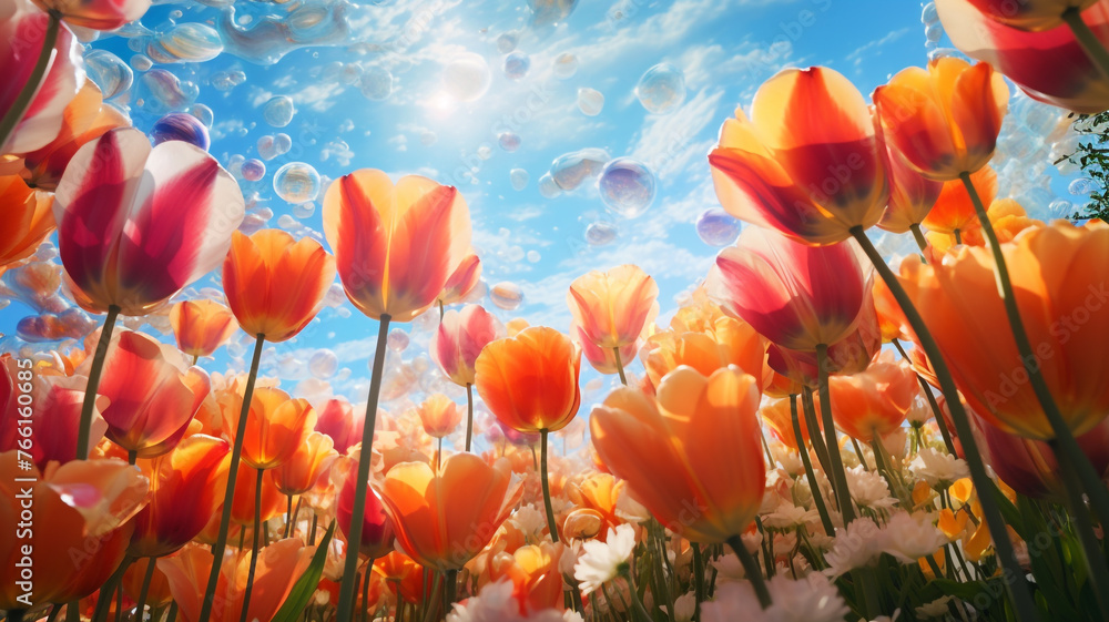 Obraz premium A field of tulips on a bright sunny day
