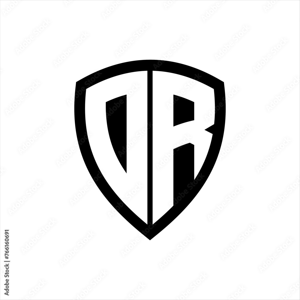 DR monogram logo with bold letters shield shape with black and white color design DR monogram logo with bold letters shield shape with black and white color design