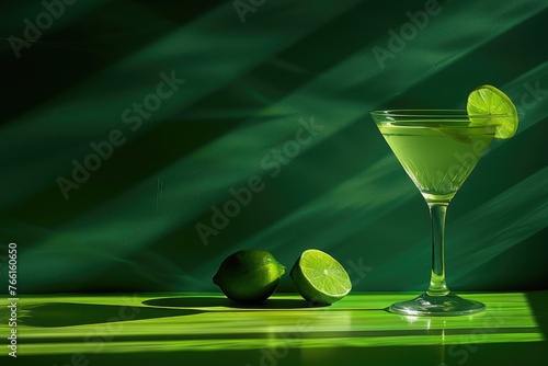 Cocktail with a slice of lime in a glass on a green background with copy space