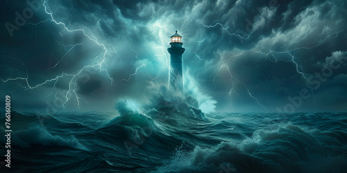  Lighthouse in the middle of the ocean, big waves and storm around the light house, dark clouds, lighthouse sunken by ocean and sea.  generative ai  photo