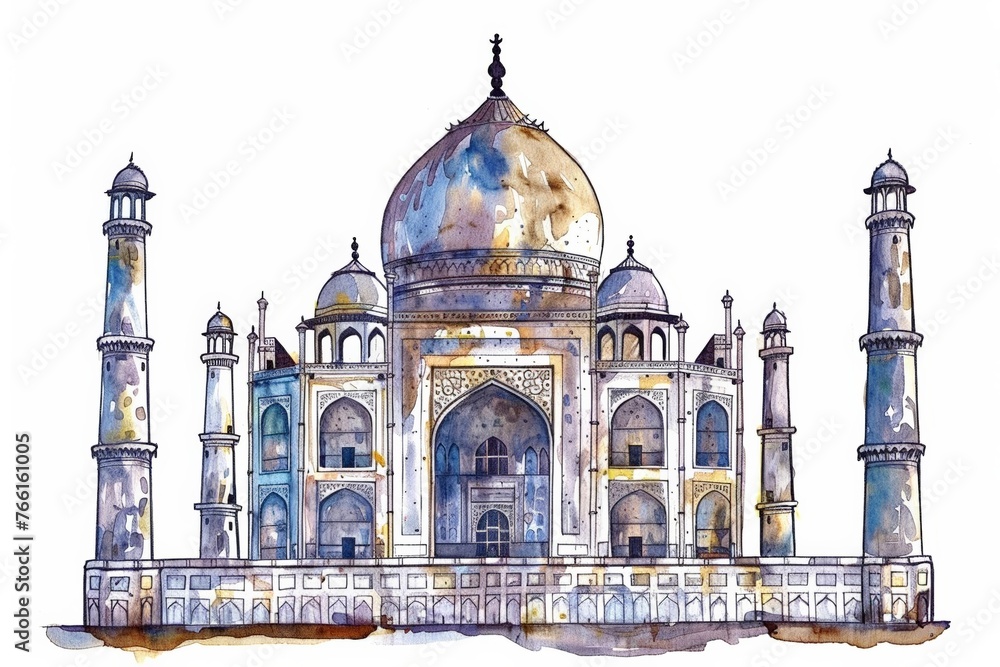 Obraz premium Watercolor illustration of the Taj Mahal with artistic brush strokes, perfect for travel and cultural exploration themes, with space for text on the sky
