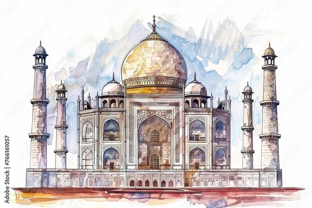 Watercolor illustration of the Taj Mahal with artistic brush strokes, perfect for travel and cultural exploration themes, with space for text on the sky