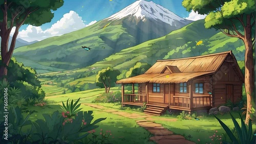 Journey into the heart of nature as you observe a charming wooden house nestled among the trees in the forest, animated by the delightful presence of anime-style butterflies in this captivating 4K vid photo