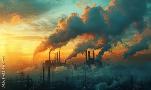 An industrial landscape featuring factory smokestacks emitting thick smoke against a dramatic sunset sky.