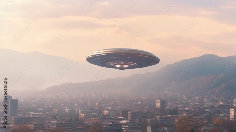 ufo flying close up, copy space, city background in morning day time, ufo flying close up, copy space, city background in morning day time,