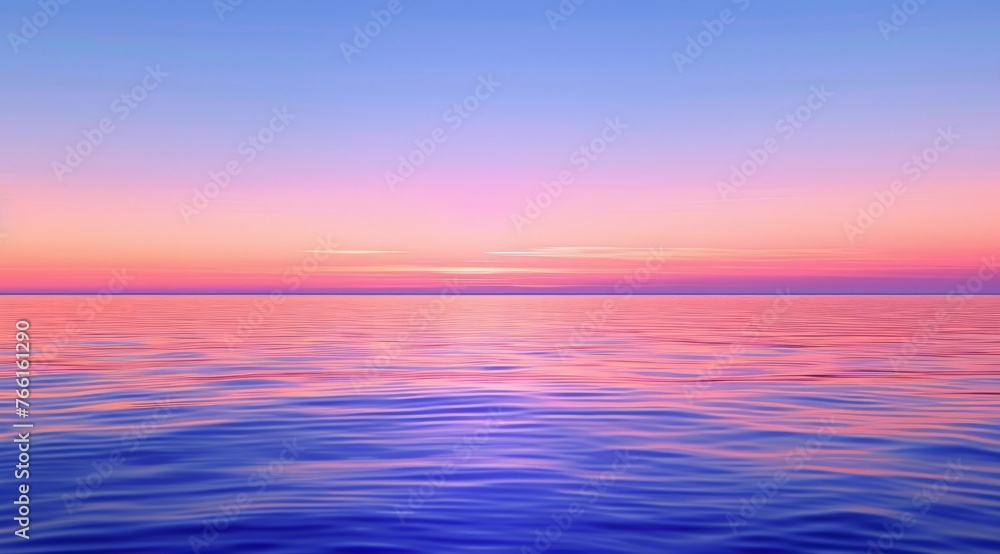The sun setting in the background casts a warm glow over a vast expanse of water, creating a tranquil scene