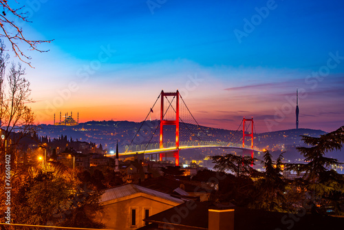 Istanbul City in Turkey. Beautiful Istanbul bosphorus sunrise landscape. Amazing colored sky in morning. Istanbul Bosphorus Bridge..