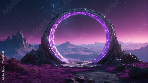 An image of a purple portal in a rocky landscape. photo