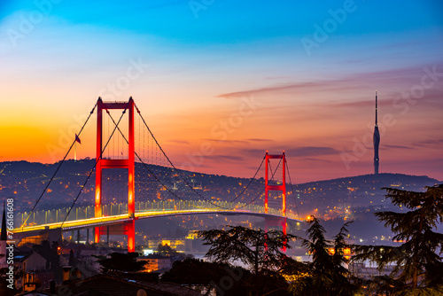 Istanbul City in Turkey. Beautiful Istanbul bosphorus sunrise landscape. Amazing colored sky in morning. Istanbul Bosphorus Bridge.