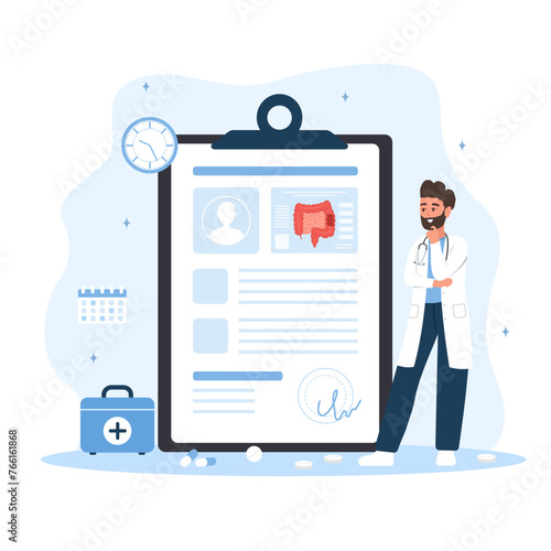 Proctologist concept. Male doctor make diagnosis and choose treatment methods. Man in lab coat analysis intestine. Prevention of cancer. Vector illustration in flat cartoon style. Colon diseases.