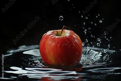 A red apple fell into the water, causing the water to splash in many directions.
