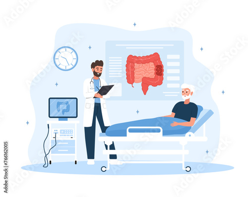 Colonoscopy concept. Male proctologist examine intestine. Elderly man is being examined in hospital. Vector illustration in flat cartoon style. Colon health. Prevention of cancer.