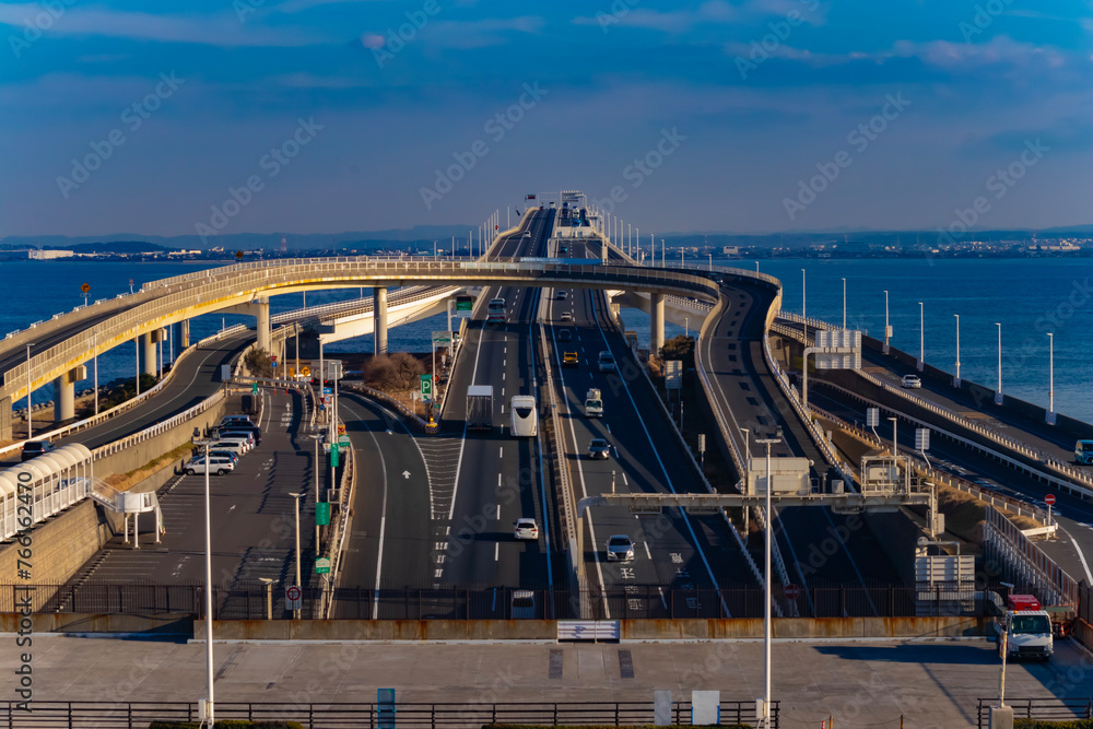 Fototapeta premium A dusk traffic jam on the highway at Tokyo bay area in Chiba