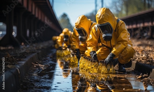 Group of People in Yellow Suits and Gas Masks