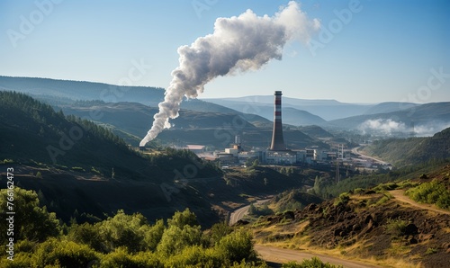 Smokestack Emitting From Factory in Mountains