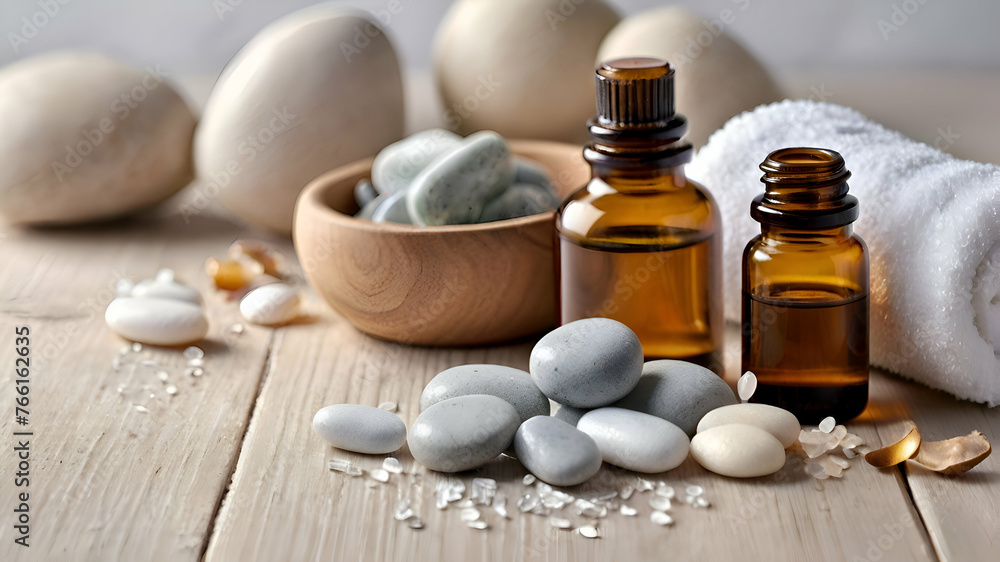 beauty treatment items for spa procedures on white wooden table. massage stones, essential oils and sea salt. copy space beauty treatment items for spa procedures on white wooden table. massage stones, essential oils and sea salt. copy space