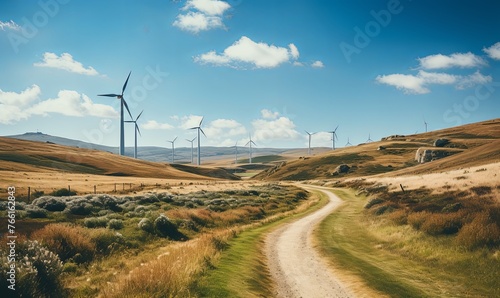 Dirt Road Leading to Windmills in Field