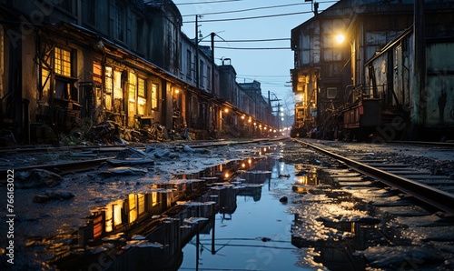 City Street at Night With Puddle