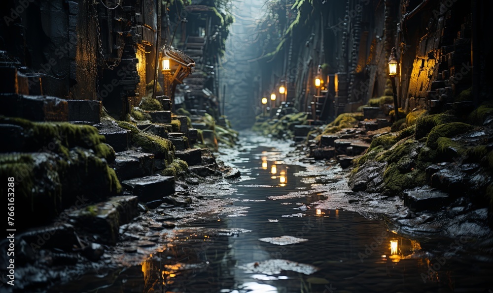 Dark Alley With Water Stream