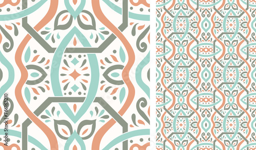 Cute scandinavian style ethnic seamless pattern. Hugge and calm hand drawn design. Moroccan tile. Mexican Spanish Talavera. Endless swatch with arabesque.