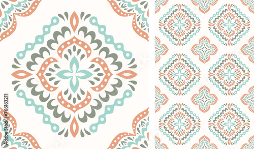 Cute scandinavian style ethnic seamless pattern. Hugge and calm hand drawn design. Moroccan tile. Mexican Spanish Talavera. Endless swatch with arabesque.