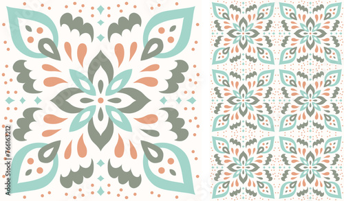 Cute scandinavian style ethnic seamless pattern. Hugge and calm hand drawn design. Moroccan tile. Mexican Spanish Talavera. Endless swatch with arabesque.
