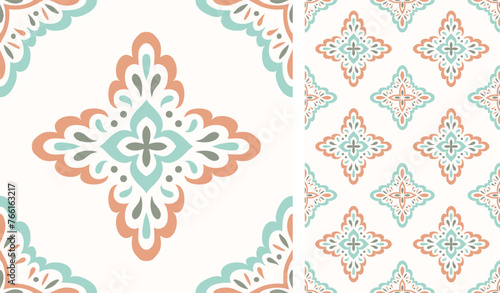 Cute scandinavian style ethnic seamless pattern. Hugge and calm hand drawn design. Moroccan tile. Mexican Spanish Talavera. Endless swatch with arabesque.