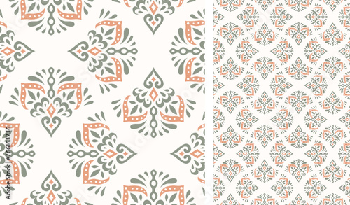 Cute scandinavian style ethnic seamless pattern. Hugge and calm hand drawn design. Moroccan tile. Mexican Spanish Talavera. Endless swatch with arabesque.