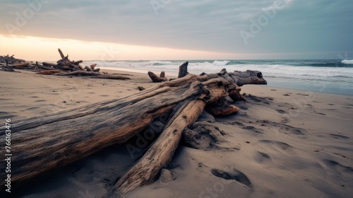 Timber on the beach of the beautiful sea.