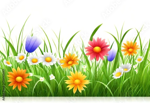Grass And Flowers White Background With Gradient Mesh, Vector Illustration