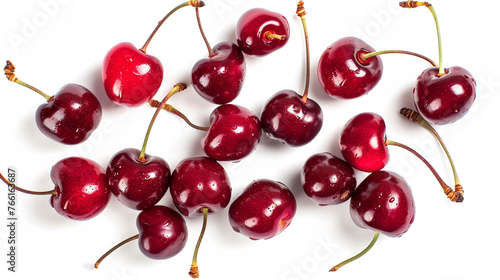 A handful of plump, juicy cherries scattered on a white background, displaying their vibrant red color and glossy appearance.
