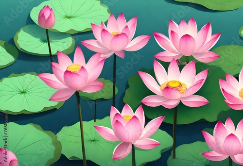 A group of pink lotus flowers adorning the surface of a pond-
