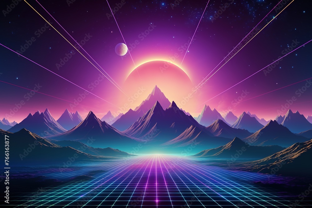 Retro wave landscape with neon grid and cosmic sun