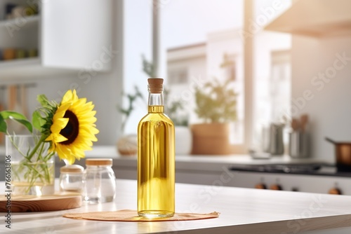 Sunflower oil bottle on kitchen counter with bloom