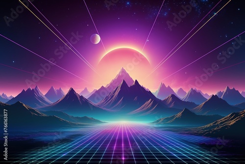 Retro wave landscape with neon grid and cosmic sun