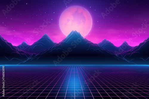 Neon purple synthwave style mountains under large moon