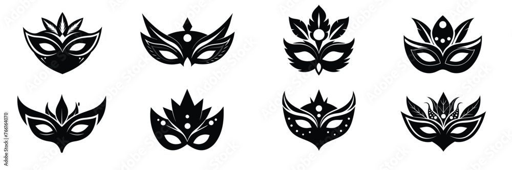 Big collection of carnival mask silhouettes. Hand drawn vector art.